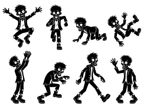 Black and white cartoon zombie set featuring undead monster characters in various active poses like running jumping crawling and walking. vector illustration