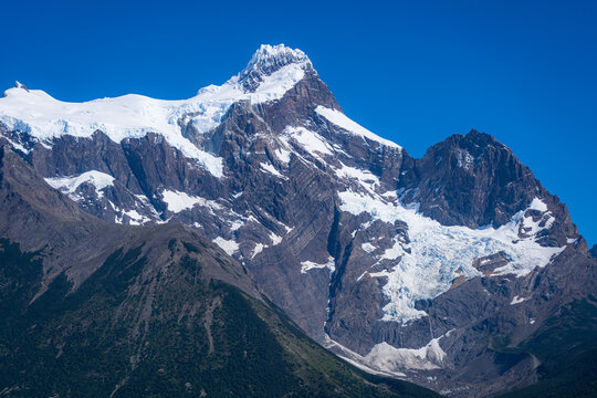 Hanging glacier and snowfields on the flank of Paine Grande, Torres del Paine, Chile