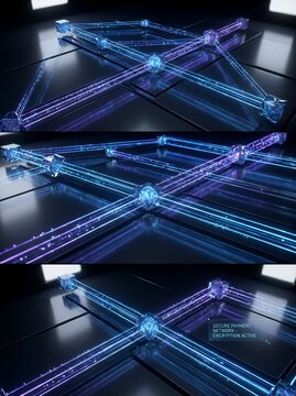 Abstract Digital Network Connections With Glowing Blue And Purple Light Beams On Dark Reflective Grid