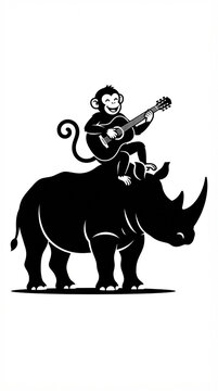 Black silhouette of a monkey playing guitar while riding on a rhinoceros back.