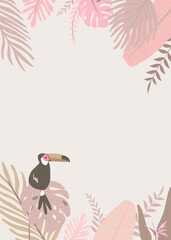 Pink botanical background with tropical leaves and toucan bird © Rawpixel.com