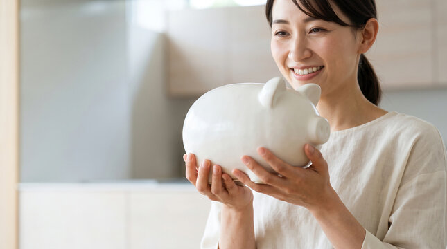ブタの貯金箱を大切に抱えて嬉しそうに見つめる女性とコピースペース