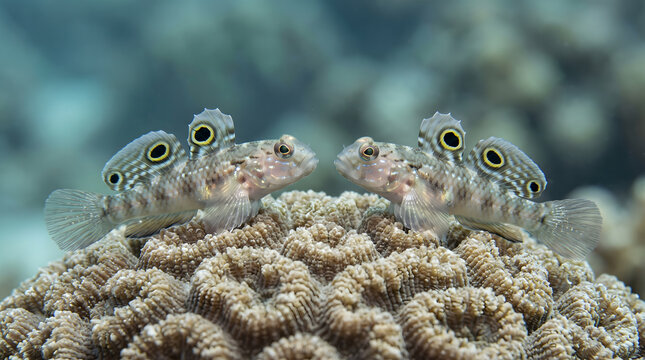 Pair of small gobies resting together on brain coral head