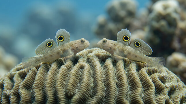 Close up of two goby fish perched on textured brain coral