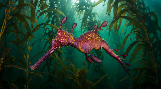 Red leafy seadragon swimming in lush green kelp forest