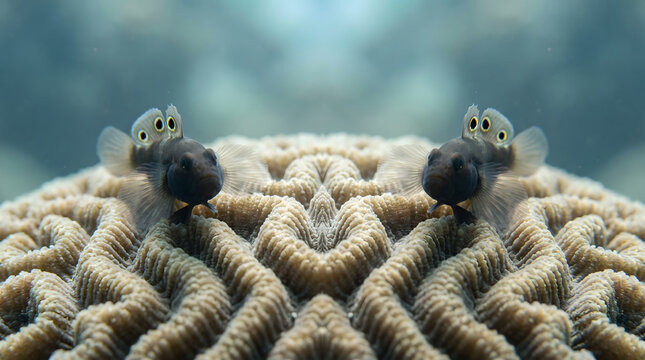 Frontal view of a goby pair sitting on brain coral pattern