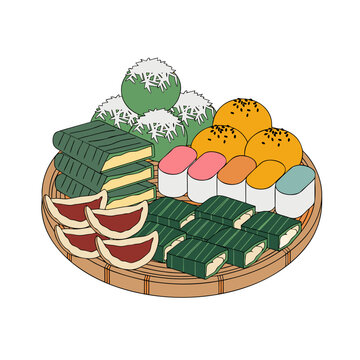 Assorted Indonesian traditional cakes jajanan pasar on bamboo tray tampah vector illustration isolated on white background
