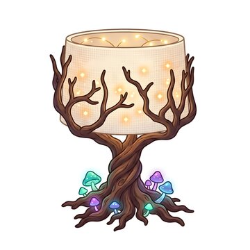 Flat Design Icon: "A professional-grade flat design vector clip art icon of the tree-form lamp from image_20.png. Clean geometric shapes represent the gnarled roots and branches. A single, solid yello