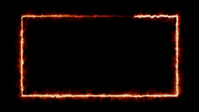 Burning fire rectangle outline frame with glowing orange embers and smoke texture on black background.