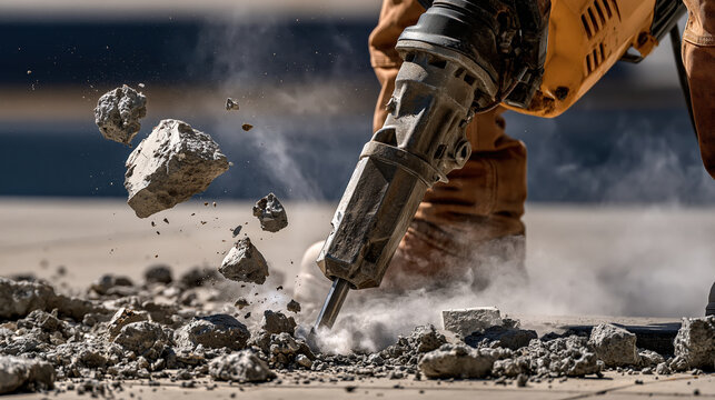 Construction worker operating heavy electric jackhammer, breaking concrete outdoors with flying debris and dust
