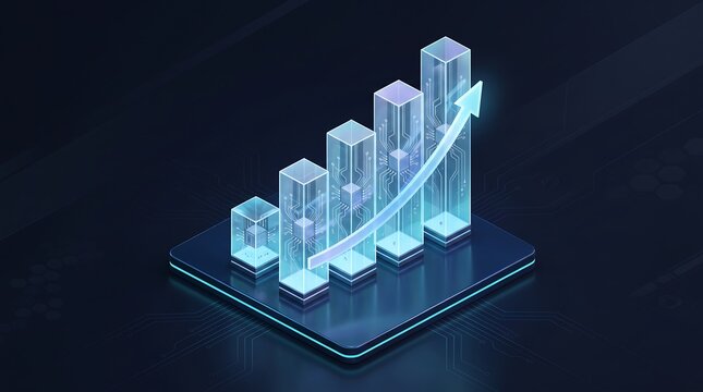Rising financial growth chart with glowing circuit board patterns inside transparent glass bars as futuristic business data visualization concept for digital technology performance analysis