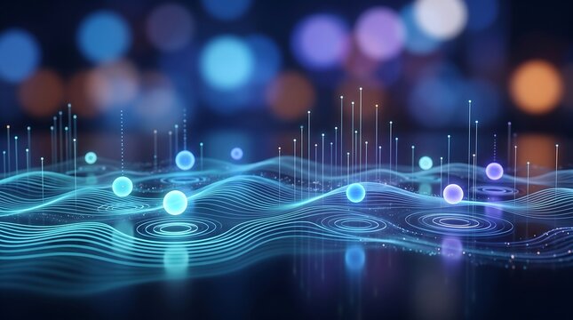 Abstract digital signal waves with glowing light orbs and connection lines floating above dark surface as futuristic data stream visualization for network technology and information flow