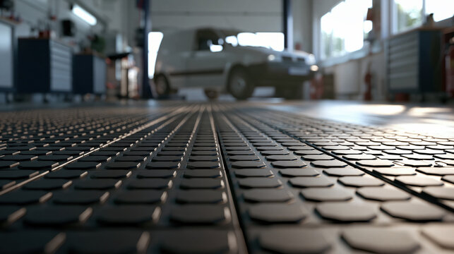 Low angle view across black modular rubber floor mat in automotive workshop, with blurred vehicle and warm sunlight creating depth
