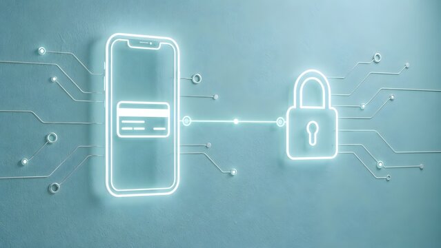 Illuminated smartphone circuitry connecting to digital padlock representing mobile cybersecurity and secure digital transactions