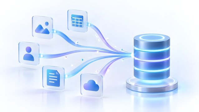 Conceptual visualization of cloud database integration channeling digital assets and multimedia files through glowing optical networks