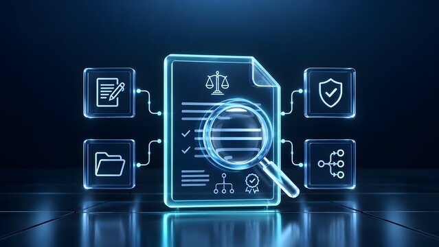 Digital forensics and legal compliance concept featuring magnifying glass analyzing electronic documents and regulatory scales