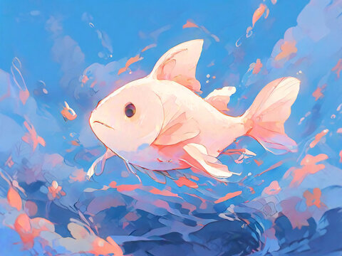 Dreamy Pink Goldfish Swimming in a Blue Watercolor Ocean