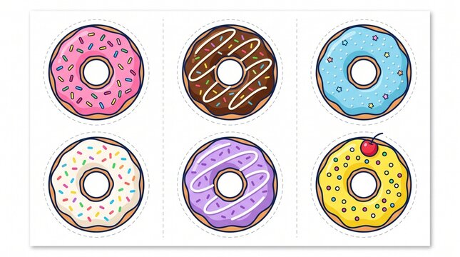 064 64 Sticker sheet illustration of 6 delicious donut Donuts with col