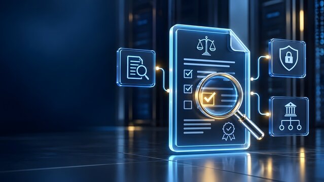 Conceptual digital legal audit and cybersecurity compliance dashboard operating within modern secure server room environment
