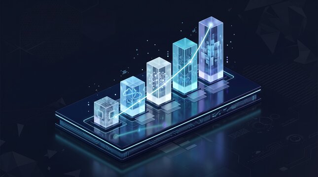 Isometric 3D render of digital business growth represented by glowing data cubes and rising performance charts on a dark technological platform for corporate strategy presentations
