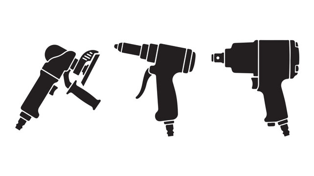 Pneumatic tools silhouette vector icon set of industrial equipment icons