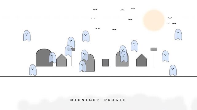 Cute ghosts floating in a minimalist cemetery animation