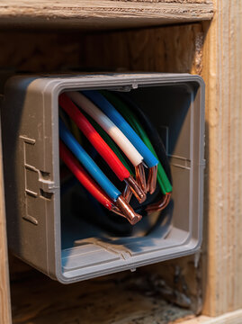 Open electrical junction box with colorful insulated wire and exposed copper conductor in unfinished wooden wall