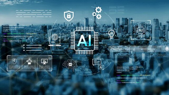 Futuristic City Skyline with Digital Technology Overlays Featuring AI Concepts, Data Security, and Global Connectivity in Urban Environment Gluon.