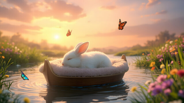 Cute white bunny sleeping peacefully in a small wooden boat floating on a river at sunset