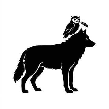 Black silhouette of a wolf with an owl perched on its back holding a feather