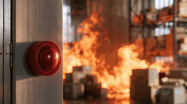 Red emergency alarm button beside warehouse fire, creating urgent industrial safety tension in hazardous storage environment