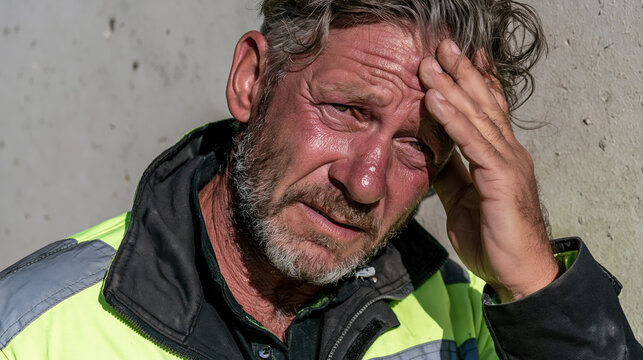 Senior infrastructure worker experiencing exhaustion and stress while resting against concrete wall after demanding outdoor labor