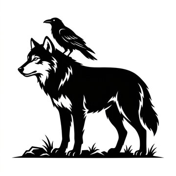 Wolf and raven silhouette illustration, black and white wildlife graphic design element.