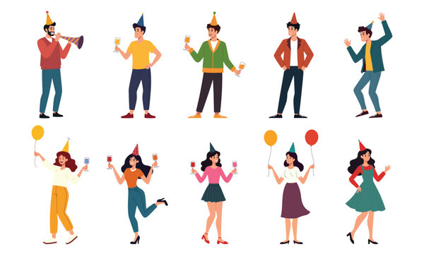 New year party characters flat vector graphic illustration set