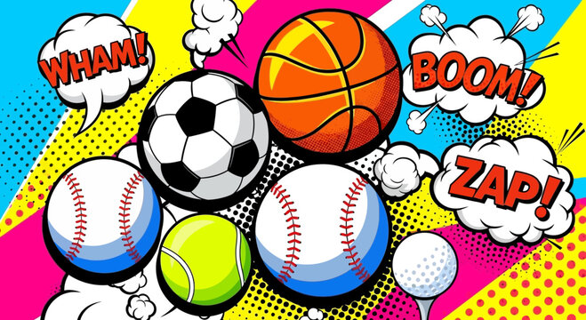 A vibrant and colorful array of patterned spheres and balls, featuring stripes and halftone dots in various sizes and hues.