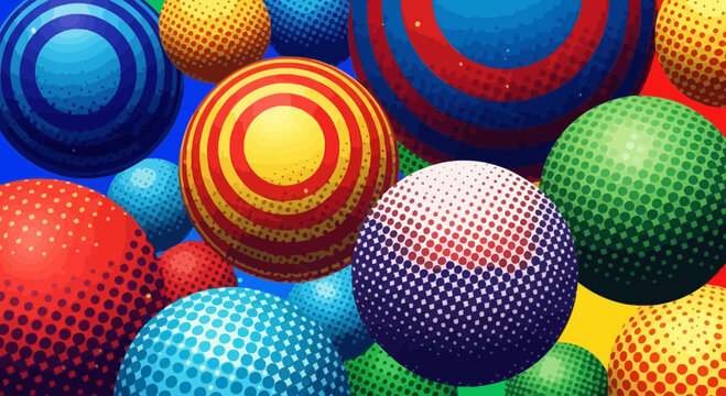 A vibrant and colorful array of patterned spheres and balls, featuring stripes and halftone dots in various sizes and hues.