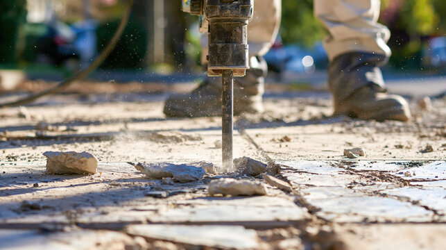 Worker breaking damaged concrete with powerful pneumatic tool outdoors, creating dust and debris during surface repair work