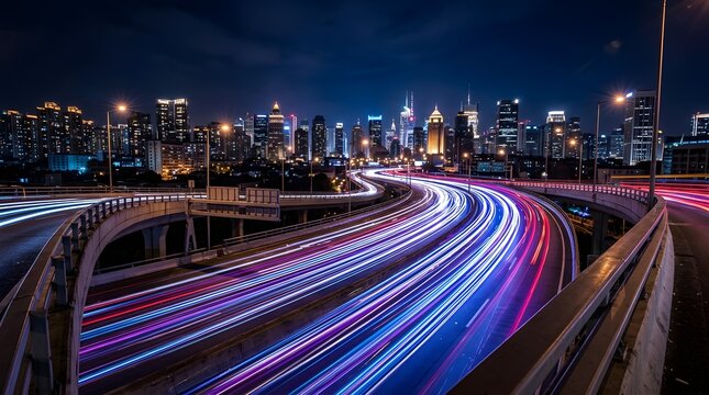Stunning Night Cityscape With Motion Blur Highway Traffic