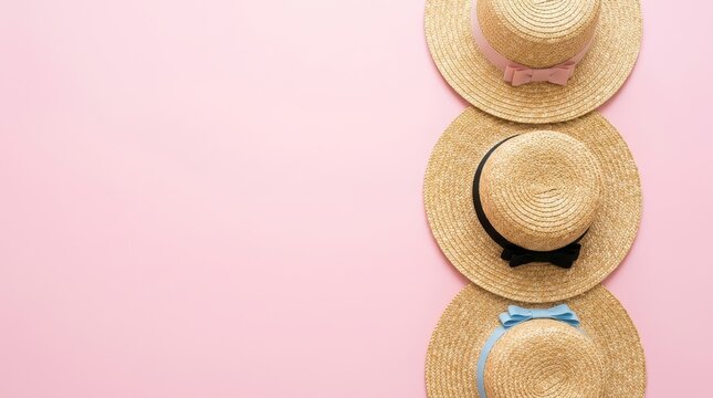 Three straw hats with ribbons in pink, black, and blue, arranged vertically on a pink background
