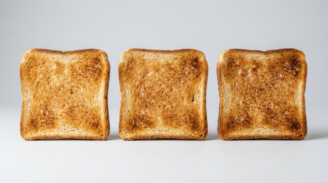 Three slices of toasted bread arranged in a row isolated on white background