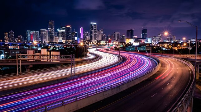Miami night cityscape with highway light trails