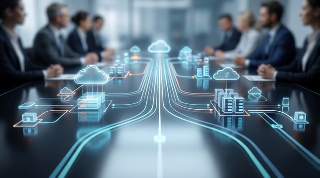 Business executives in boardroom meeting utilizing cloud computing data network visualization glowing on wooden table surface to enhance corporate infrastructure and digital strategy