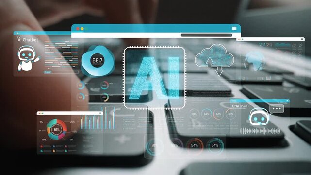 Futuristic Digital Interface with AI Chatbot Features on a Computer Keyboard Surrounded by Data Visualization Elements and Graphs Sigmoid