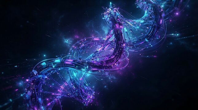 Glowing digital DNA strand representing genetic engineering and futuristic biotechnology.