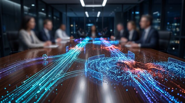 Corporate team in boardroom meeting observing swirling digital data particles and light streams flowing across conference table representing complex information processing and strategy