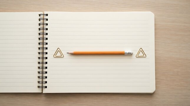 Yellow pencil and paper clips on an open spiral notebook for creative planning.