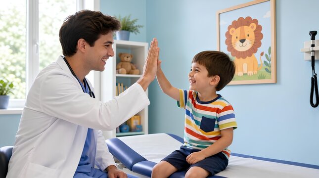 Cheerful young male pediatrician in white coat giving high-five to smiling boy in colorful striped shirt during friendly checkup in bright pediatric clinic room