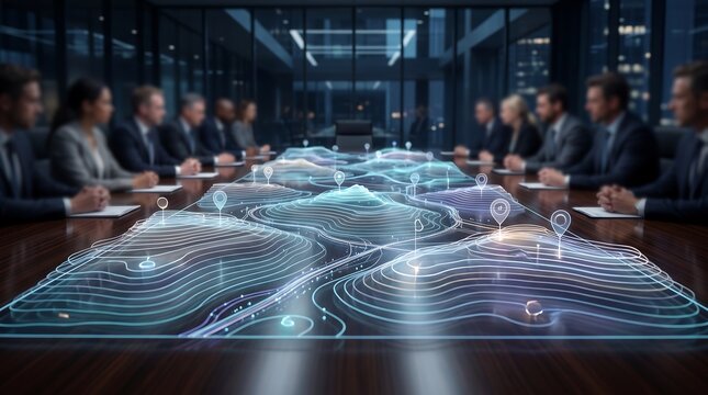 Corporate executives in a dark boardroom looking at a 3D topographic landscape data model projected on a table for strategic geographic market analysis and future planning sessions