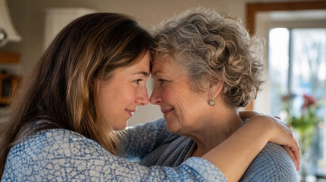 A warm and candid close-up of an adult daughter hugging her senior mother, their foreheads touching as they share a tender moment of love and connection in a brightly lit home environment.