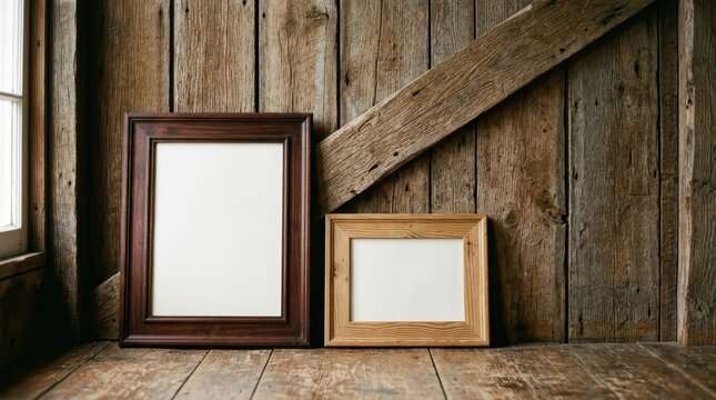 Two empty wooden picture frames leaning against a rustic wooden wall